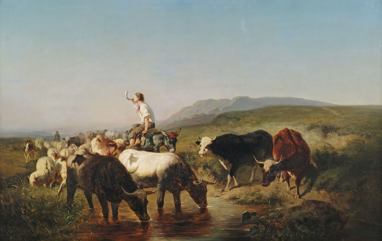 Mandria di bovini e pecore con un ragazzo pastore a cavallo di un asino in un ampio paesaggio da Adolf Schreyer