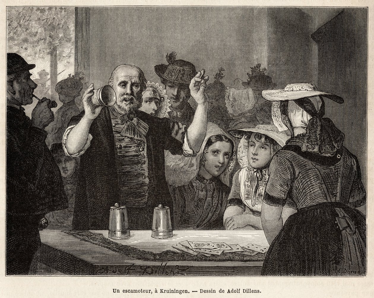 Un ritrattista, in una locanda a Kruiningen, si esibisce davanti a spettatori attenti, inciso dal disegno di Adolf Dillens, illustrando un viaggio in Zelanda (Paesi Bassi), nel 1873, di Charles de Coster, pubblicato in 