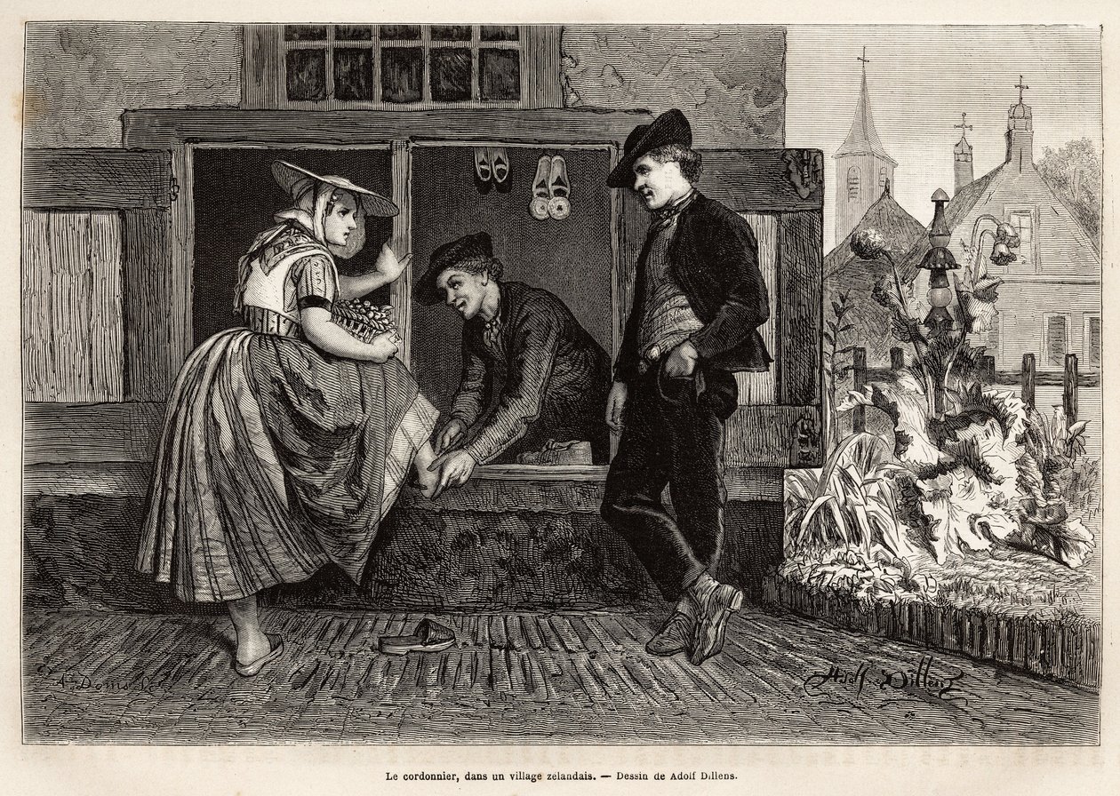 Un calzolaio in un villaggio zelandese, fa provare una scarpa a una giovane donna accompagnata da un giovane uomo, incisione dopo il disegno di Adolf Dillens, illustrando un viaggio in Zelanda (Paesi Bassi), nel 1873, di Charles de Coster, pubblicato in 