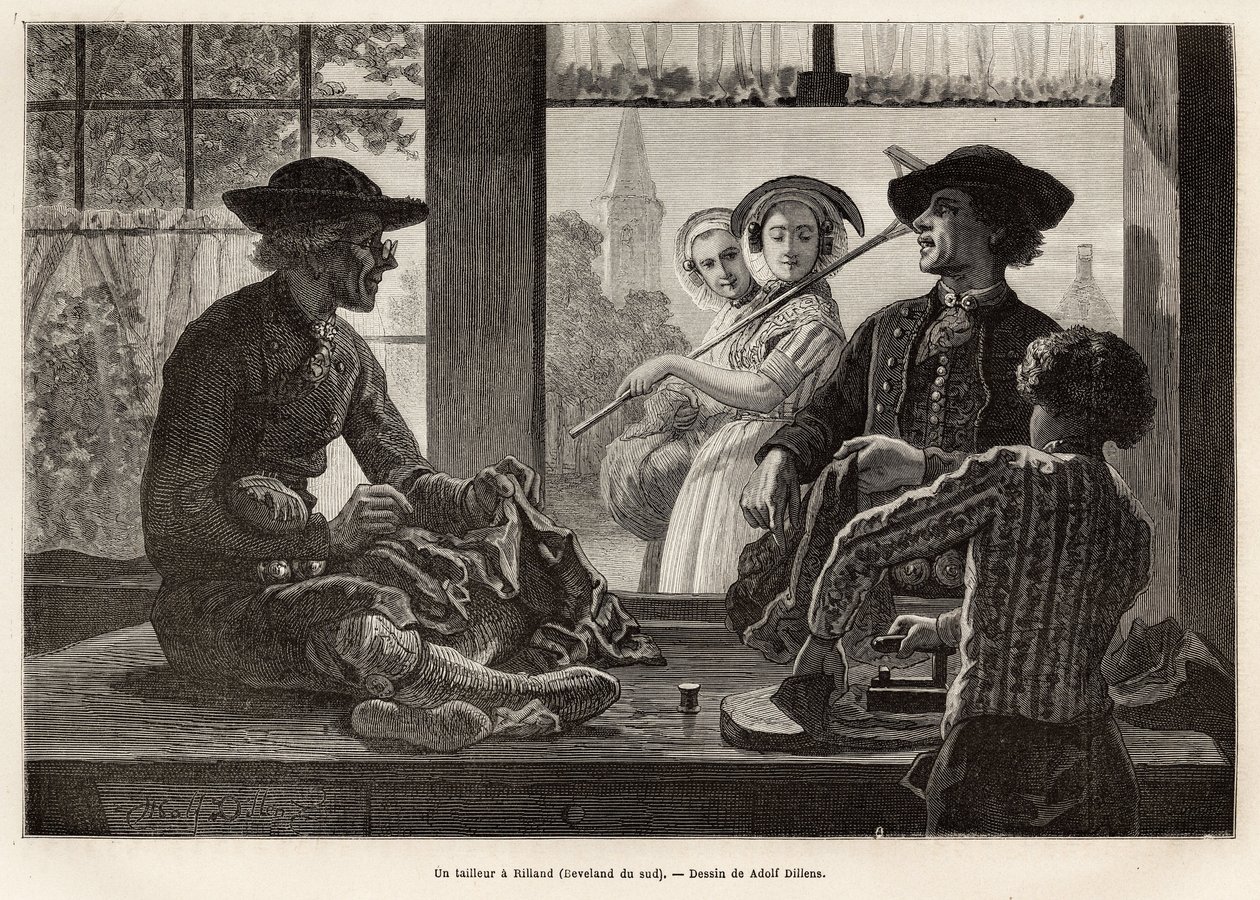Un sarto e il suo apprendista, che lavorano sul bordo della finestra per godere della luce e dello spettacolo dei passanti della strada, a Rilland (South Beveland), incisione dal disegno di Adolf Dillens, che illustra un viaggio a Zelanda (Paesi Bassi), i da Adolf Alexander Dillens