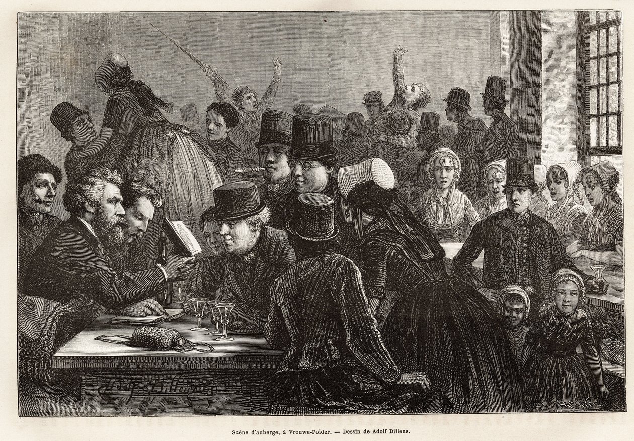 Scena di locanda, a Vrouwe-Polder (Vrouwe Polder), incisione dal disegno di Adolf Dillens, illustrando un viaggio a Zelanda (Paesi Bassi), nel 1873, di Charles de Coster, pubblicato in "Le tour du monde" 1874, a cura di Edouard Charton, edizione Hache da Adolf Alexander Dillens