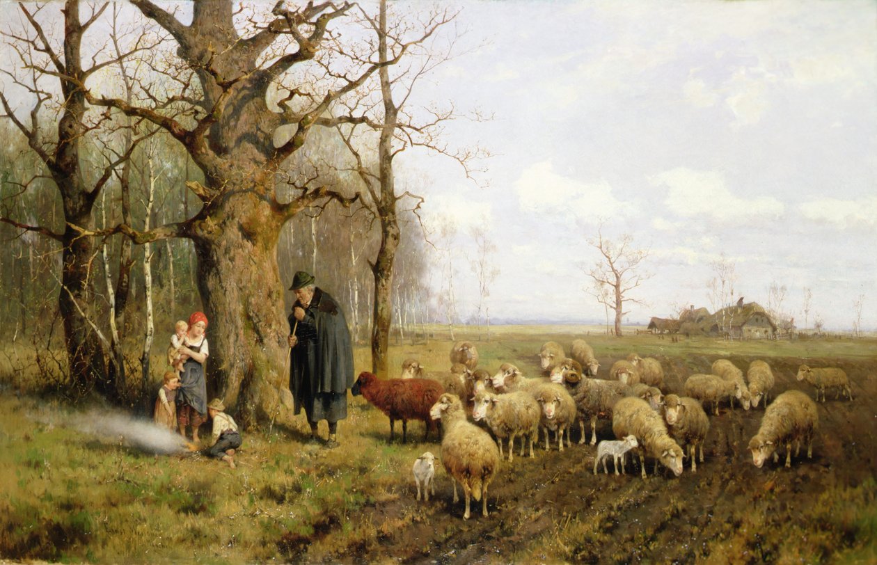 Bambini con un pastore e pecore in un paesaggio da Adolf Ernst Meissner