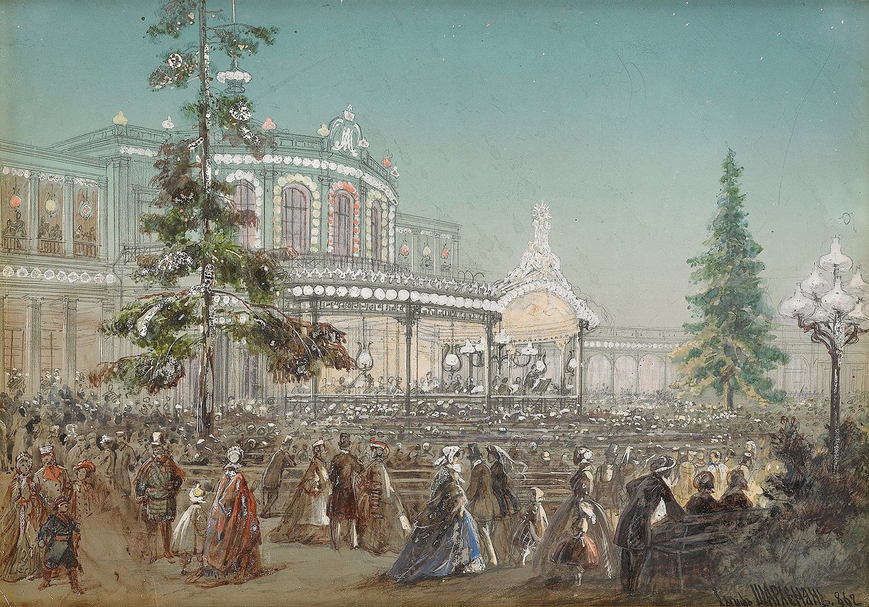 Celebrazione del 25º anniversario della ferrovia di Tsarskoe Selo alla sala concerti della stazione ferroviaria di Pavlovsk da Adolf Jossifowitsch Charlemagne