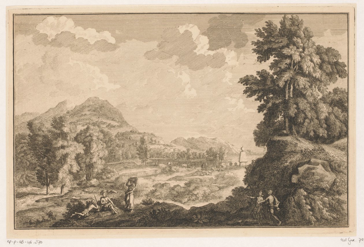 Paesaggio fluviale arcadico con pastori e donna con un cesto di biancheria da Adolf van der Laan