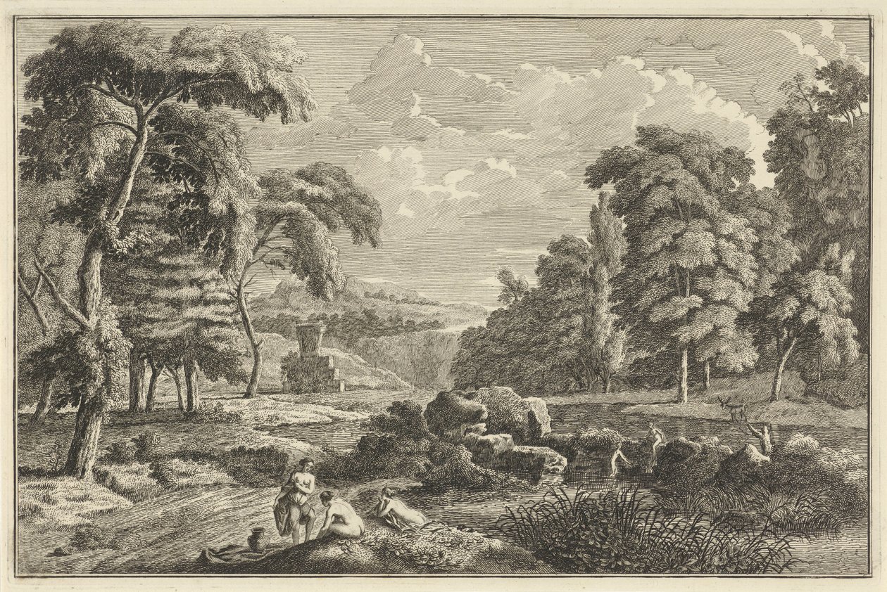 Paesaggio fluviale arcadico con cinque donne al bagno e un cervo da Adolf van der Laan