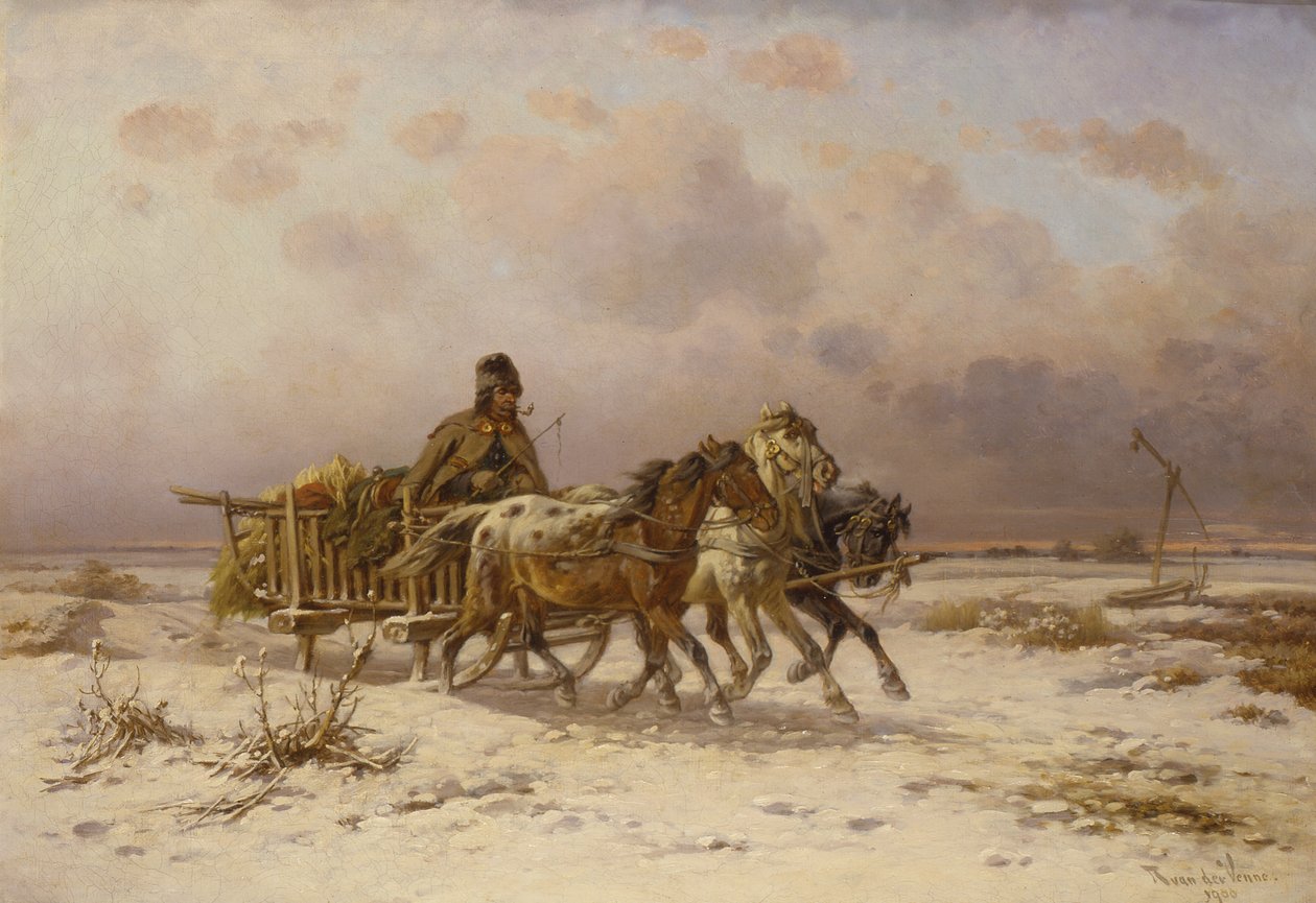 Un Contadino su una Slitta che Guida Tre Cavalli da Adolf van der Venne