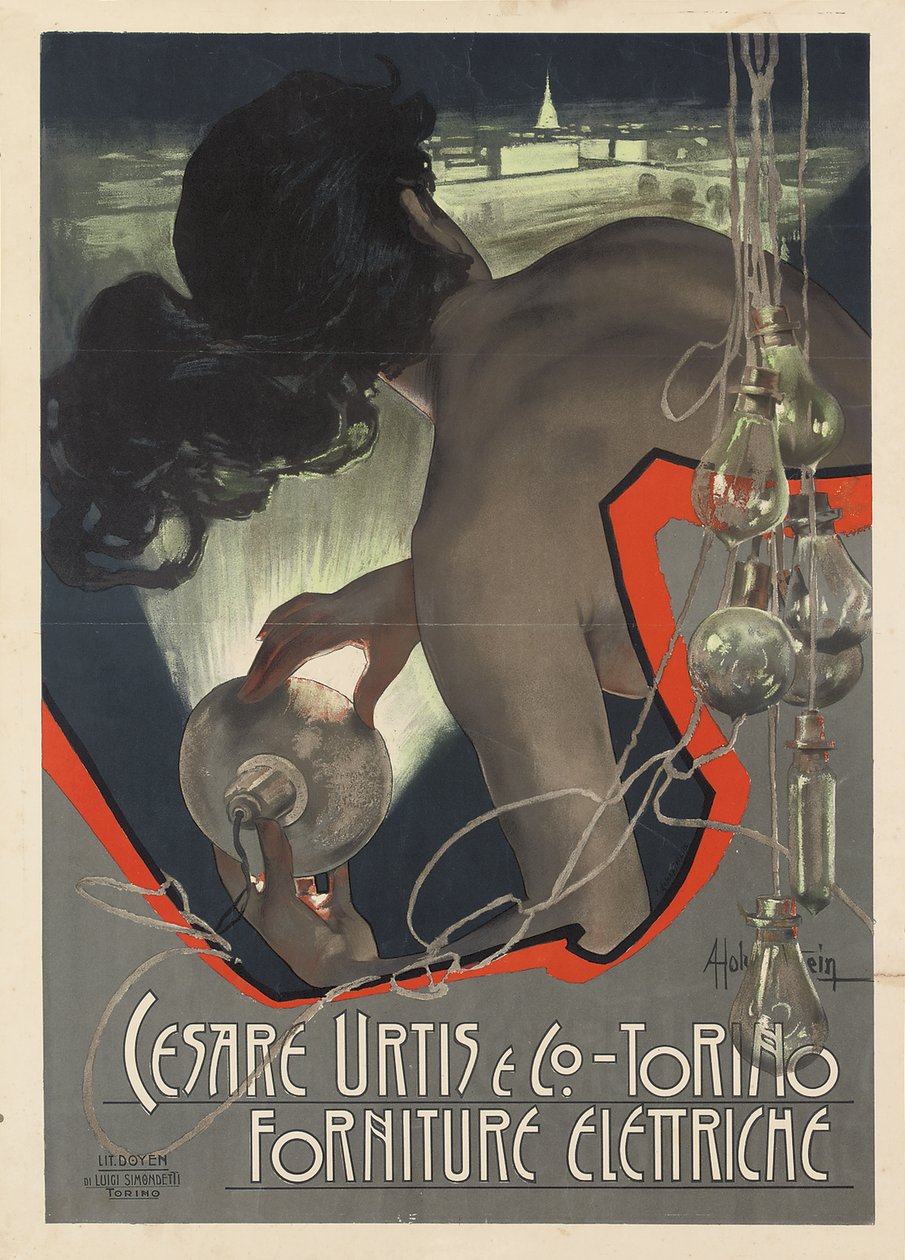 Poster pubblicitario prodotto per la ditta italiana di forniture di illuminazione Cesare Urtis & Co. di Torino da Adolfo Hohenstein