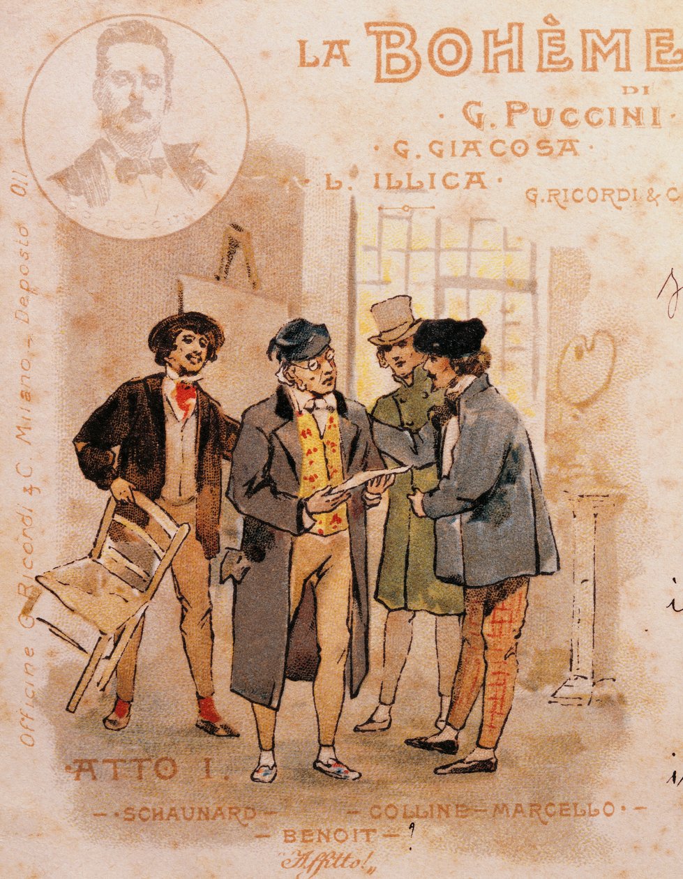 Cartolina postale di Adolf Hohenstein per la prima rappresentazione di La Bohème da Adolfo Hohenstein