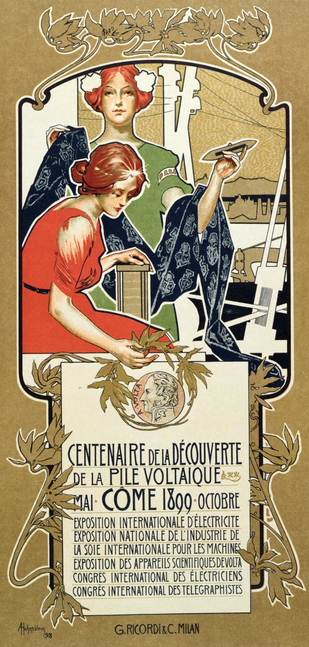 Poster che pubblicizza il Centenario della Scoperta della Pila Voltaica, 1899 da Adolfo Hohenstein