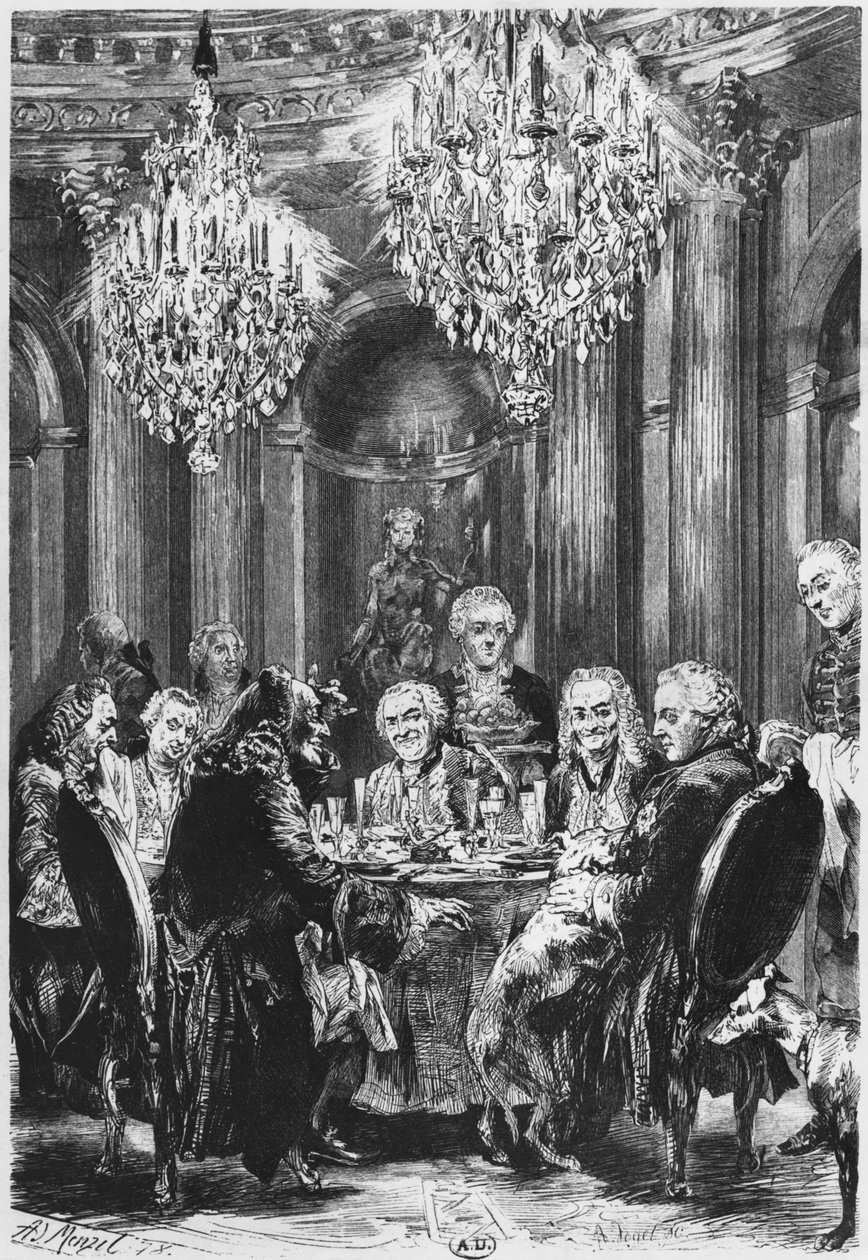 Voltaire con il re Federico II di Prussia (1712-86) a Sanssouci vicino a Potsdam, 1878 da Adolph Menzel