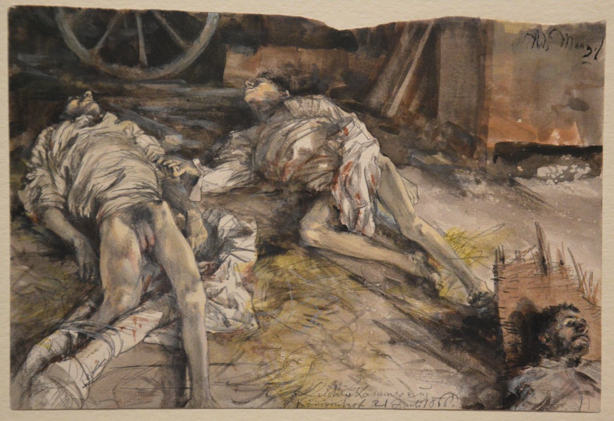 Tre soldati caduti in un fienile da Adolph Menzel