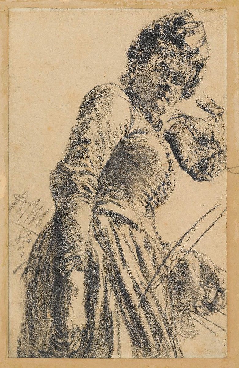 Studio di modello di una donna con cappello da Adolph Menzel