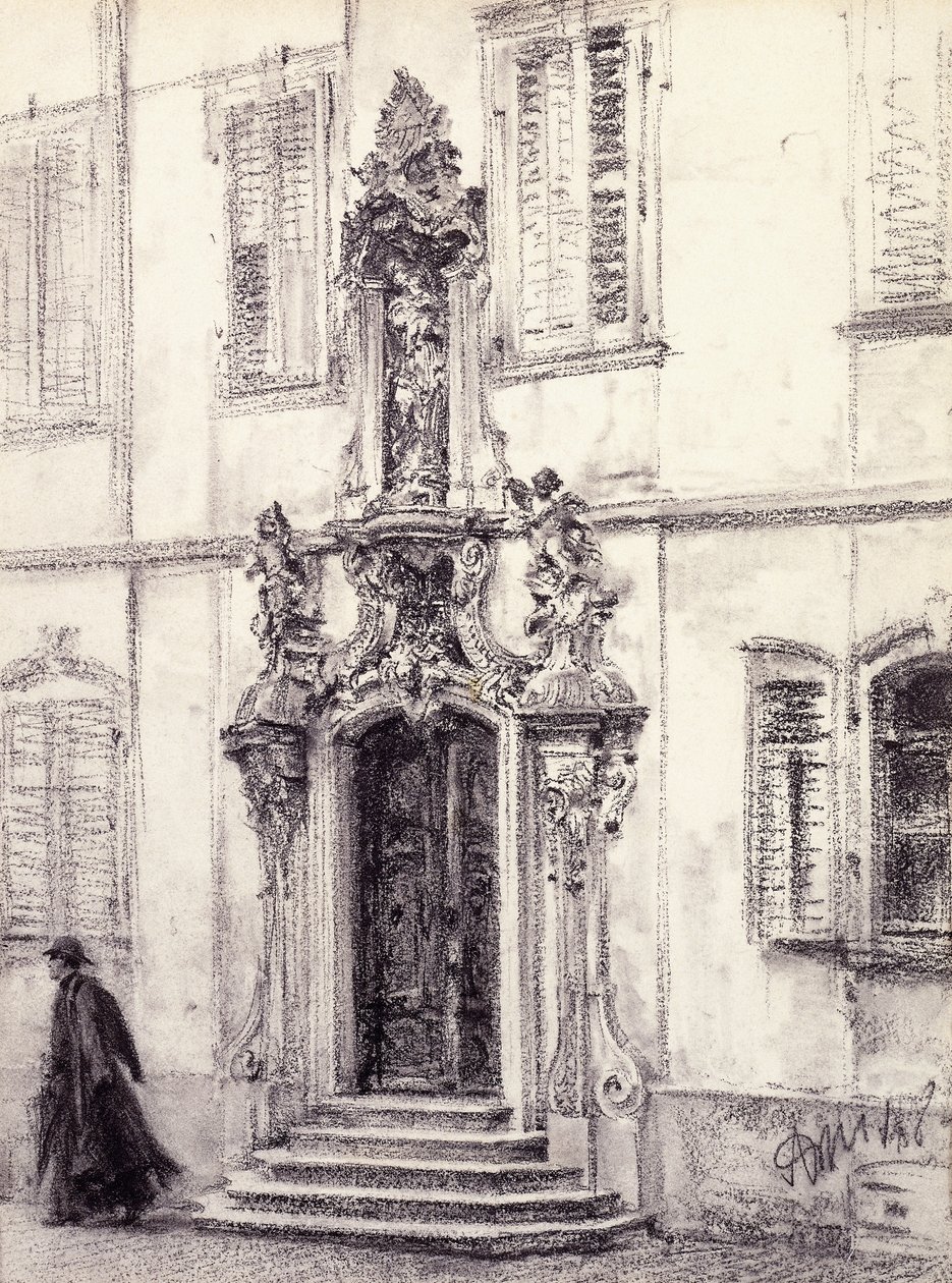 Un uomo che scende la scala di un edificio decorato con un portale barocco da Adolph Menzel