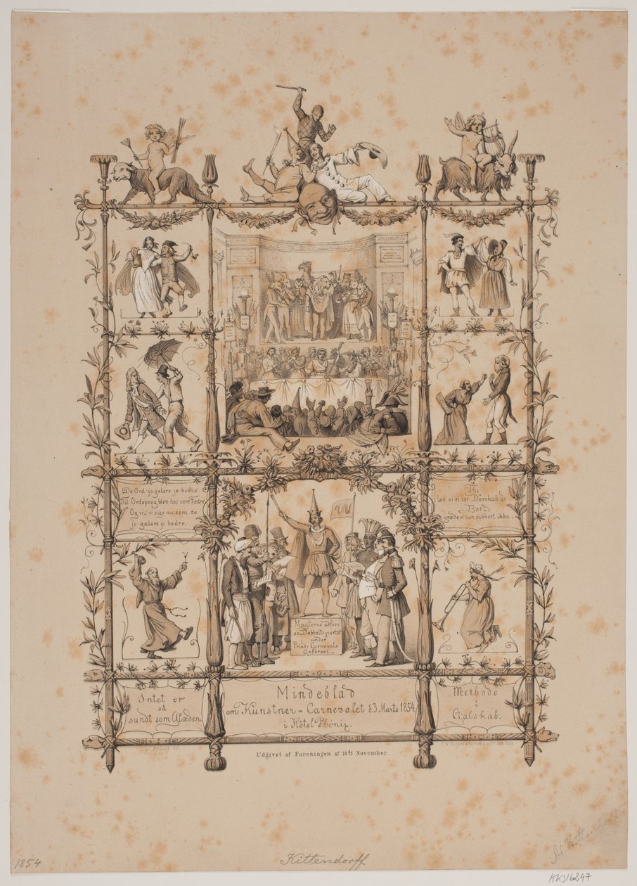 Foglio commemorativo del carnevale degli artisti del 3 marzo 1854 da Johan Adolph Kittendorff
