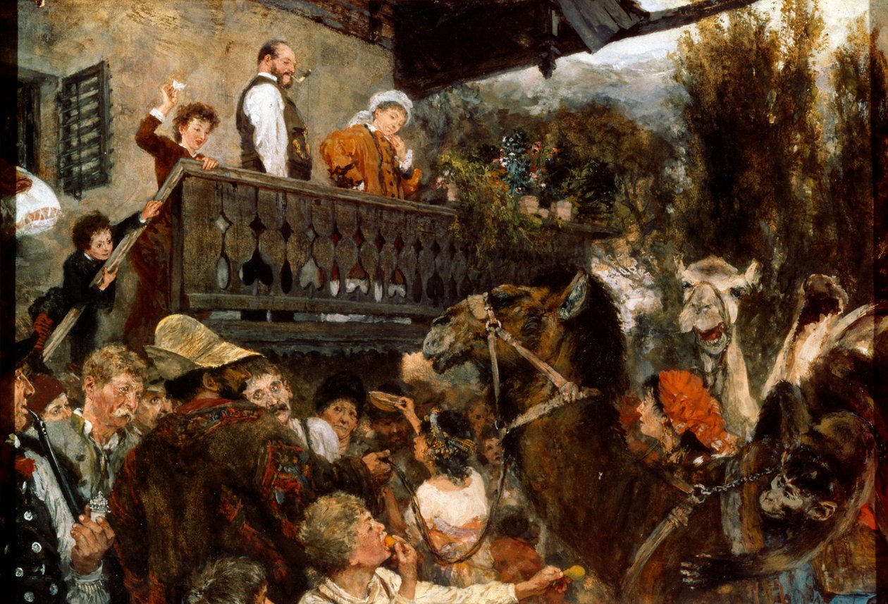 Un circo itinerante Cameleers a Partenkirchen, 1884 da Adolph Menzel