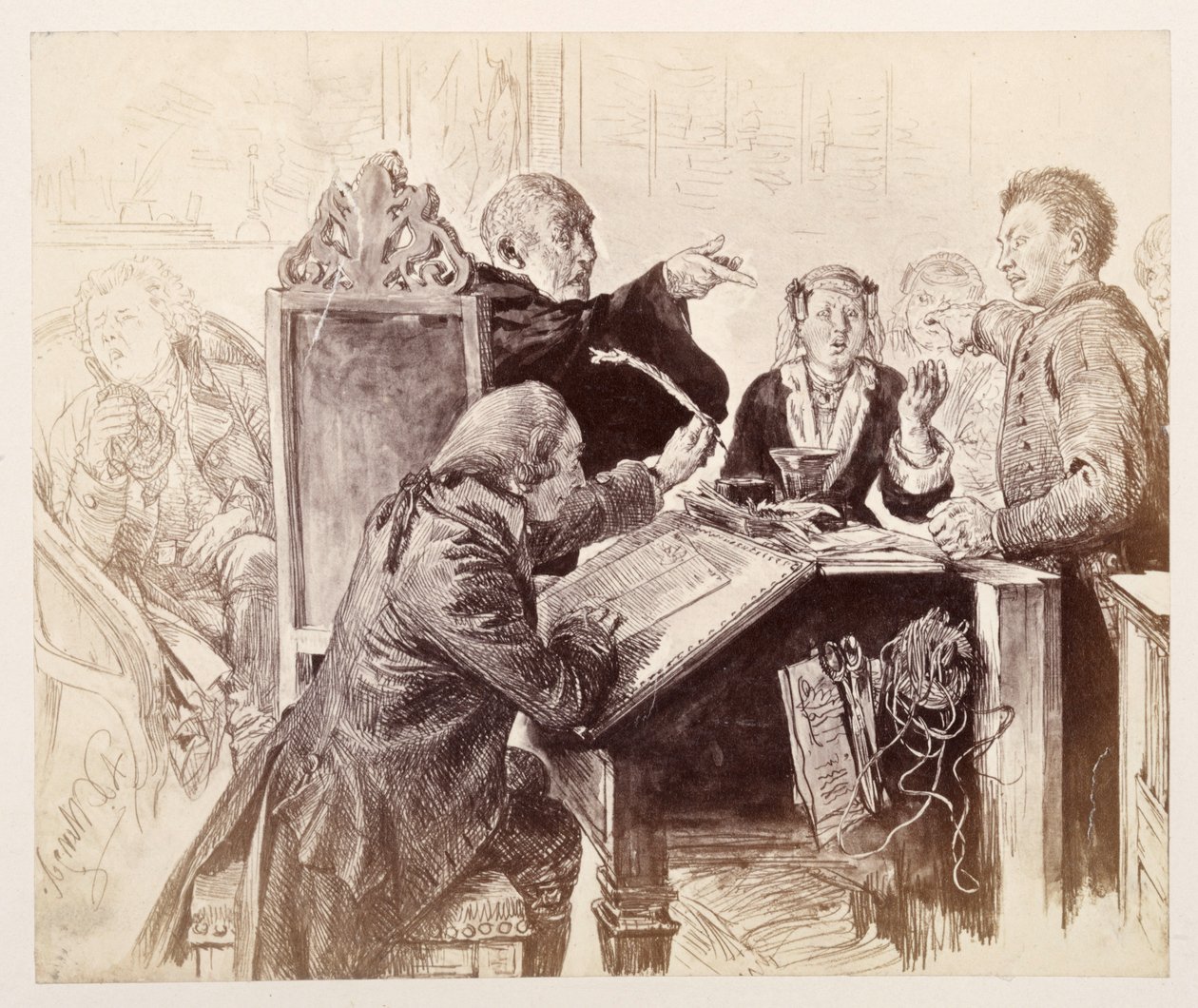 Durante il processo, Adam parla con Veit; davanti siede il cancelliere Licht che intinge la penna, mentre in fondo a destra il consigliere giudiziario sta per starnutire, da Heinrich von Kleist, “La brocca rotta” da Adolph Menzel