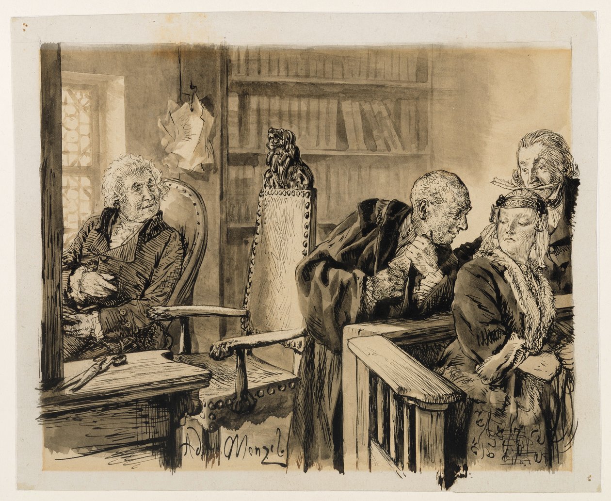 Adamo parla in segreto con Eva. Licht ascolta. Il consigliere giudiziario richiama Adamo al banco dei giudici. Da Heinrich von Kleist, *La brocca rotta* da Adolph Menzel