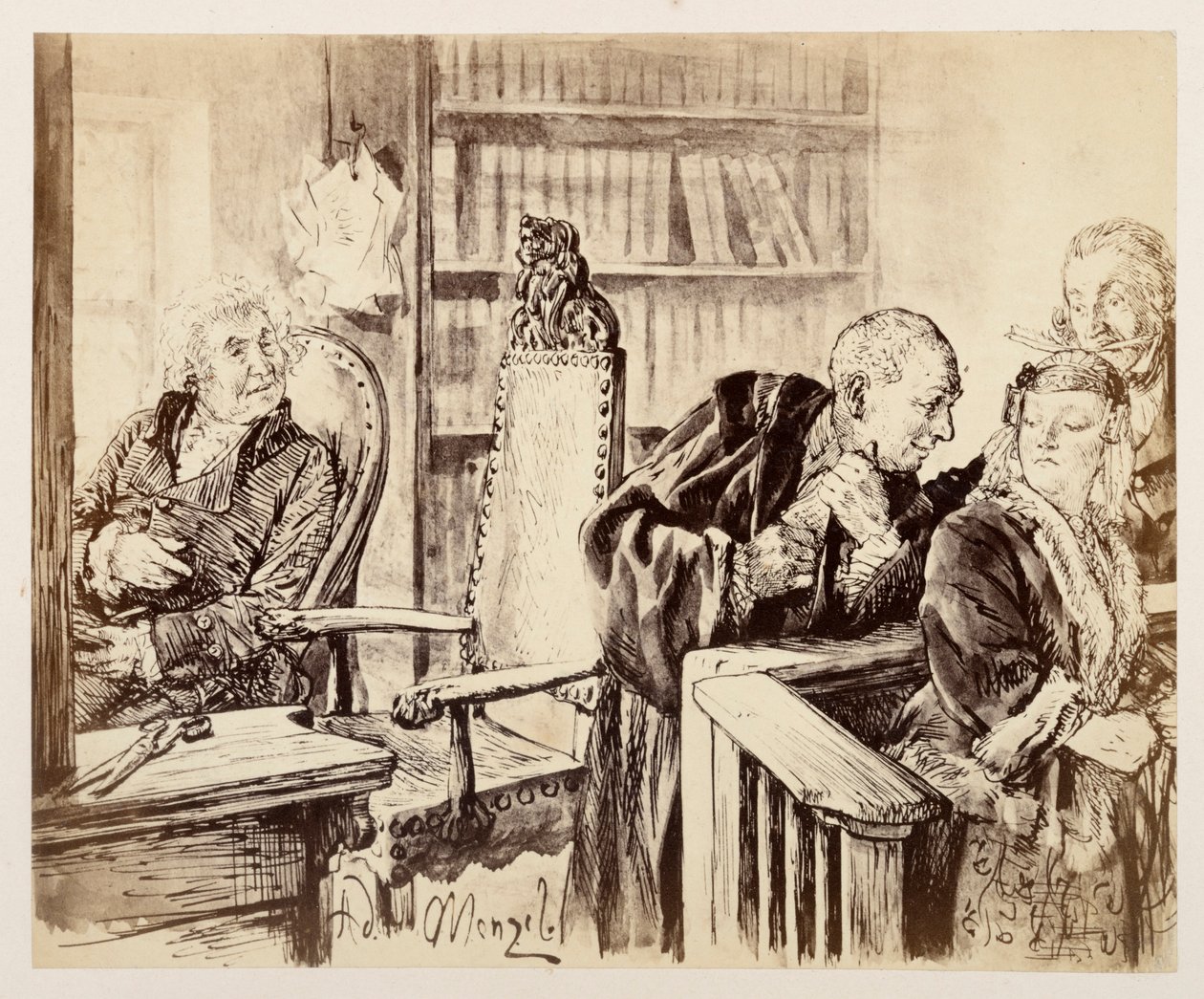 Adam parla segretamente a Eve. Licht ascolta. Il consigliere di giustizia richiama Adam alla sedia del giudice, per "La brocca rotta" di Heinrich von Kleist da Adolph Menzel