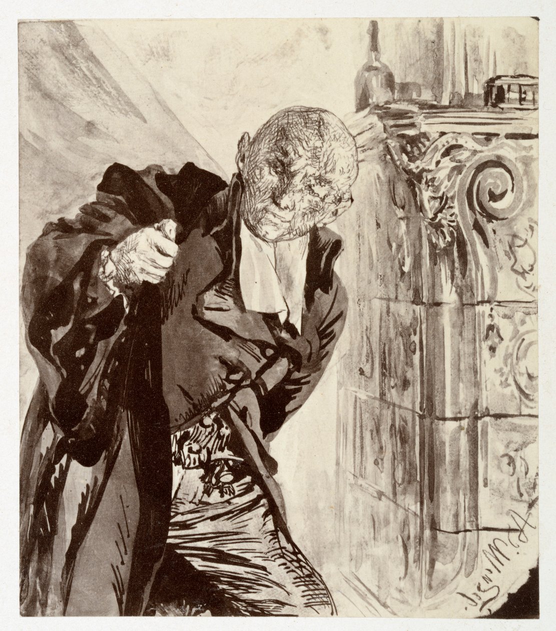 Adam, in piedi a destra accanto a una stufa in maiolica, si infila la toga da giudice, ispirata al racconto di Heinrich von Kleist “La brocca rotta” da Adolph Menzel