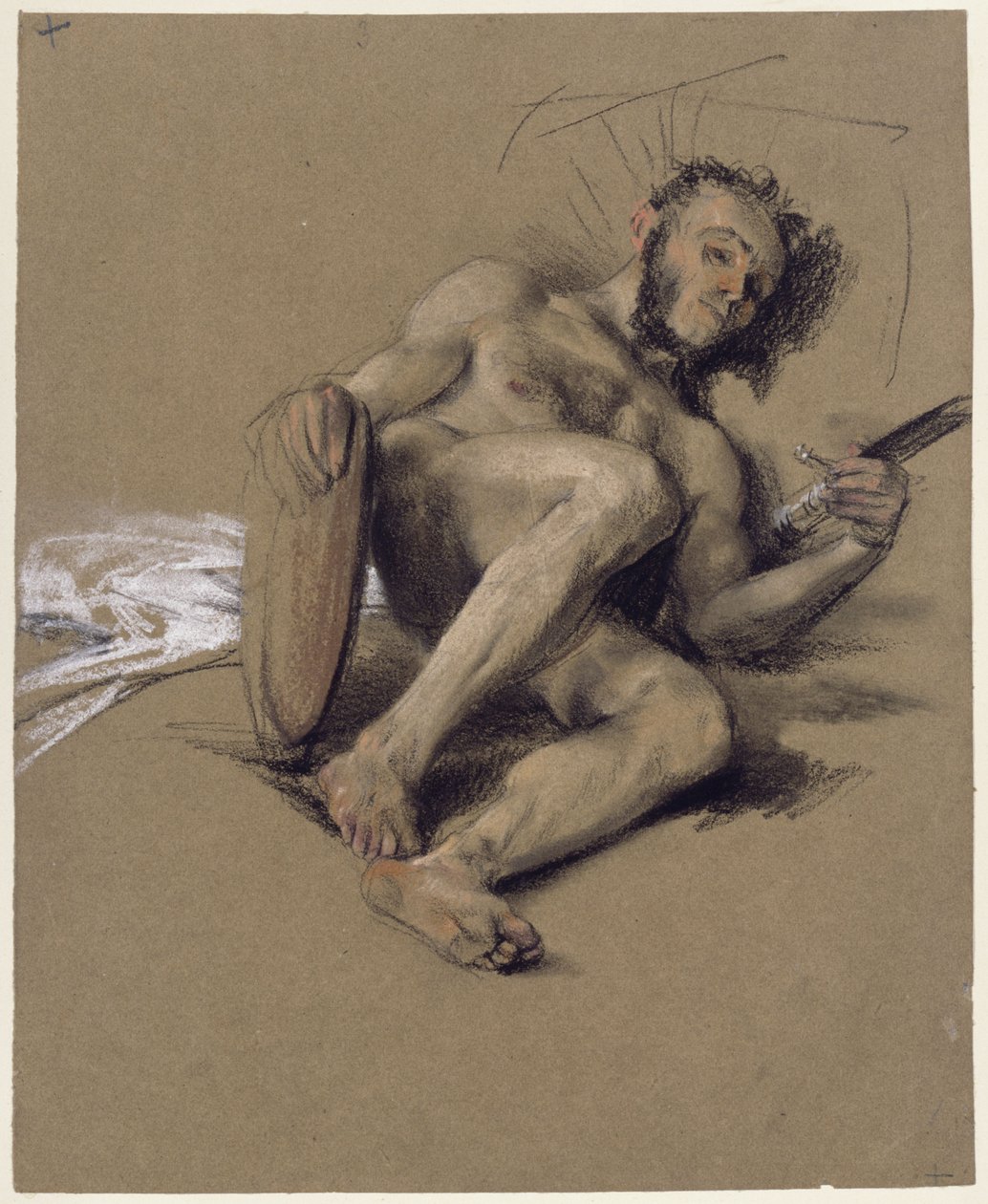 Studio di nudo, uomo barbuto disteso a terra sul lato sinistro con spada e scudo in mano, studio realizzato in occasione della maggiore età del principe ereditario nel 1850 da Adolph Menzel