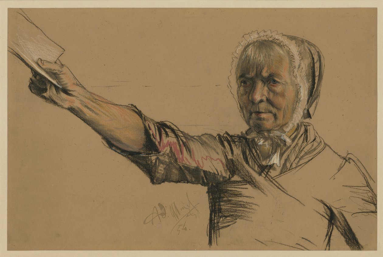 Anziana che con la mano destra porge una petizione da Adolph Menzel