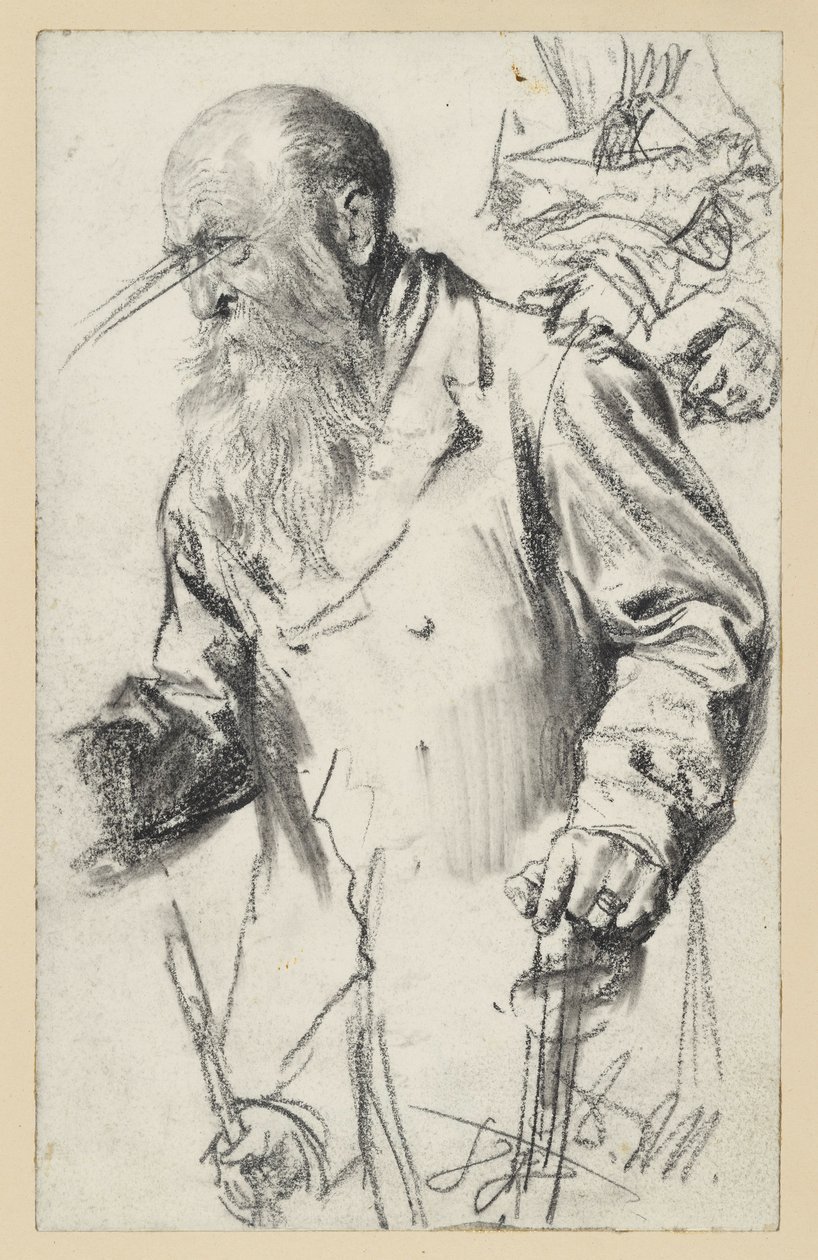 Un uomo anziano con la barba che indossa una gonna, alcuni dettagli ripetuti da Adolph Menzel