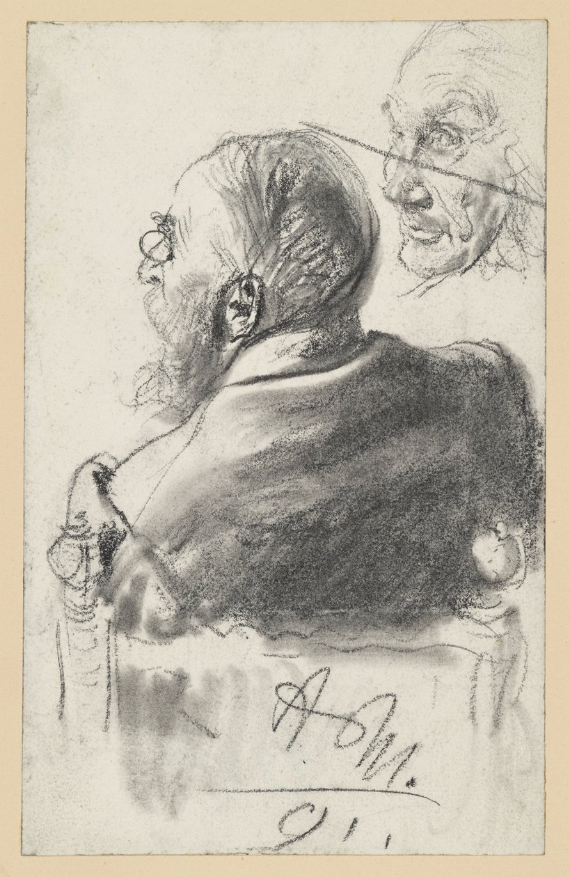 Uomo barbuto con pince-nez seduto in poltrona, visto da dietro, volto di un vecchio da Adolph Menzel