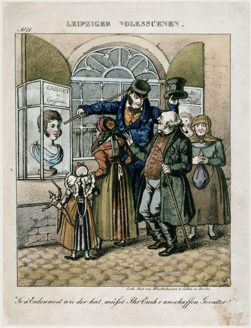 Contadini davanti al busto di cera di un parrucchiere. Da: Scene popolari di Lipsia da Adolph Menzel