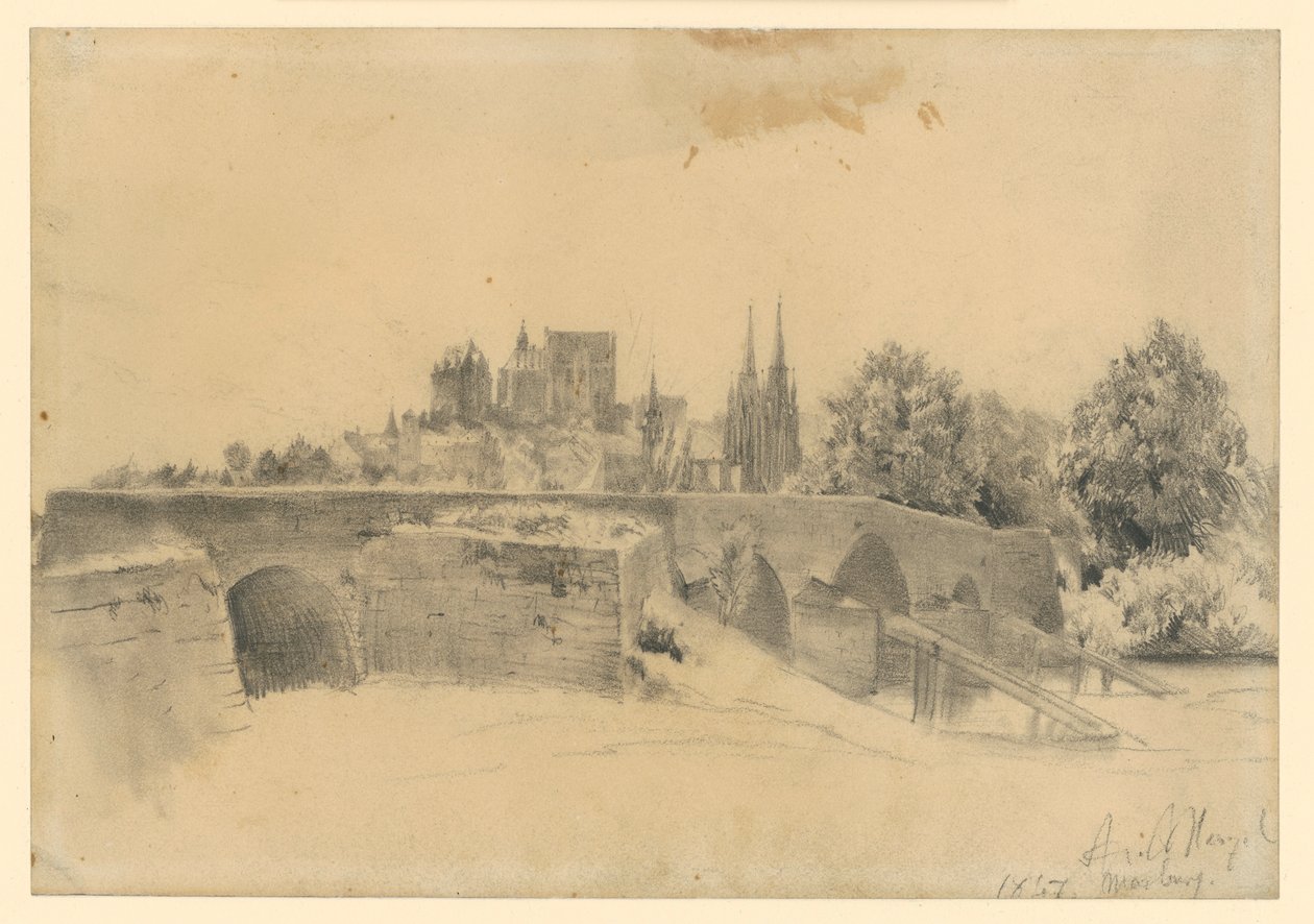 Vista su Marburg e sul ponte sul Lahn da Adolph Menzel