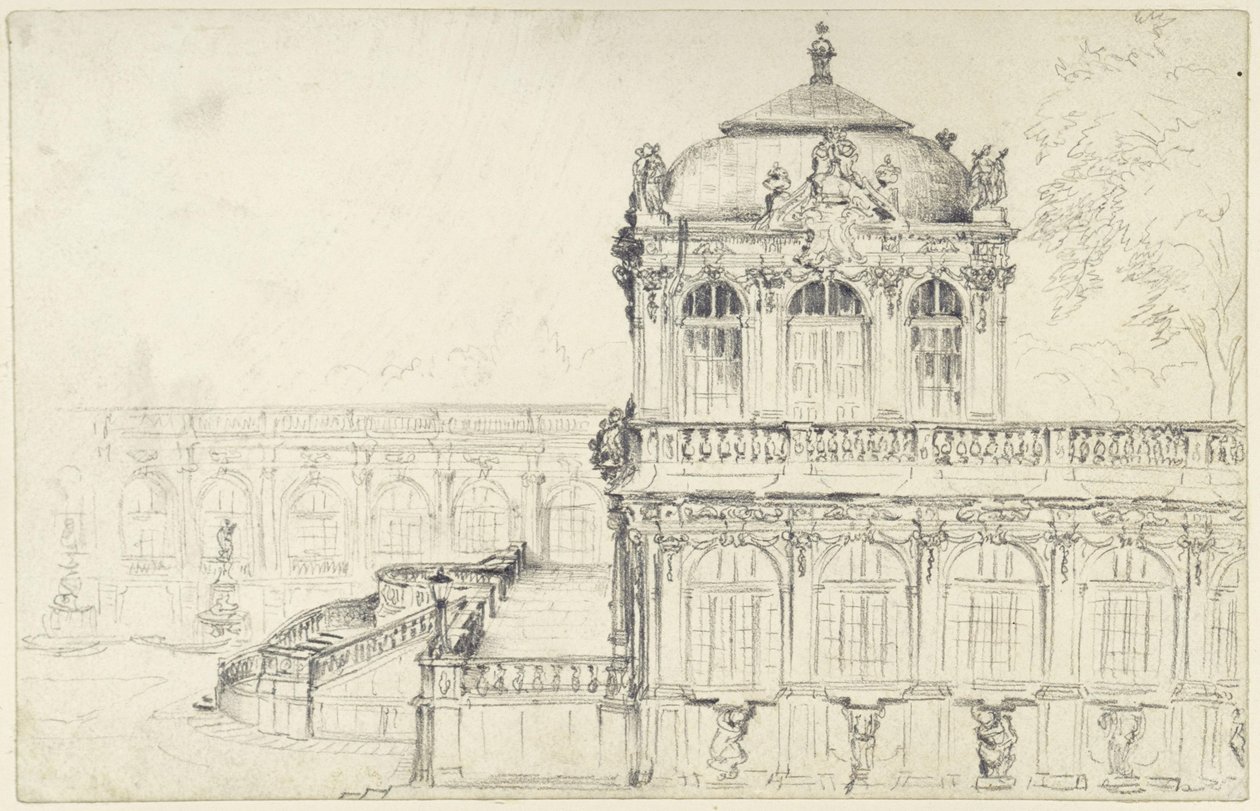 Vista sul lato stretto del Salone di Matematica e Fisica e sulla Galleria Lunga orientale nello Zwinger di Dresda da Adolph Menzel