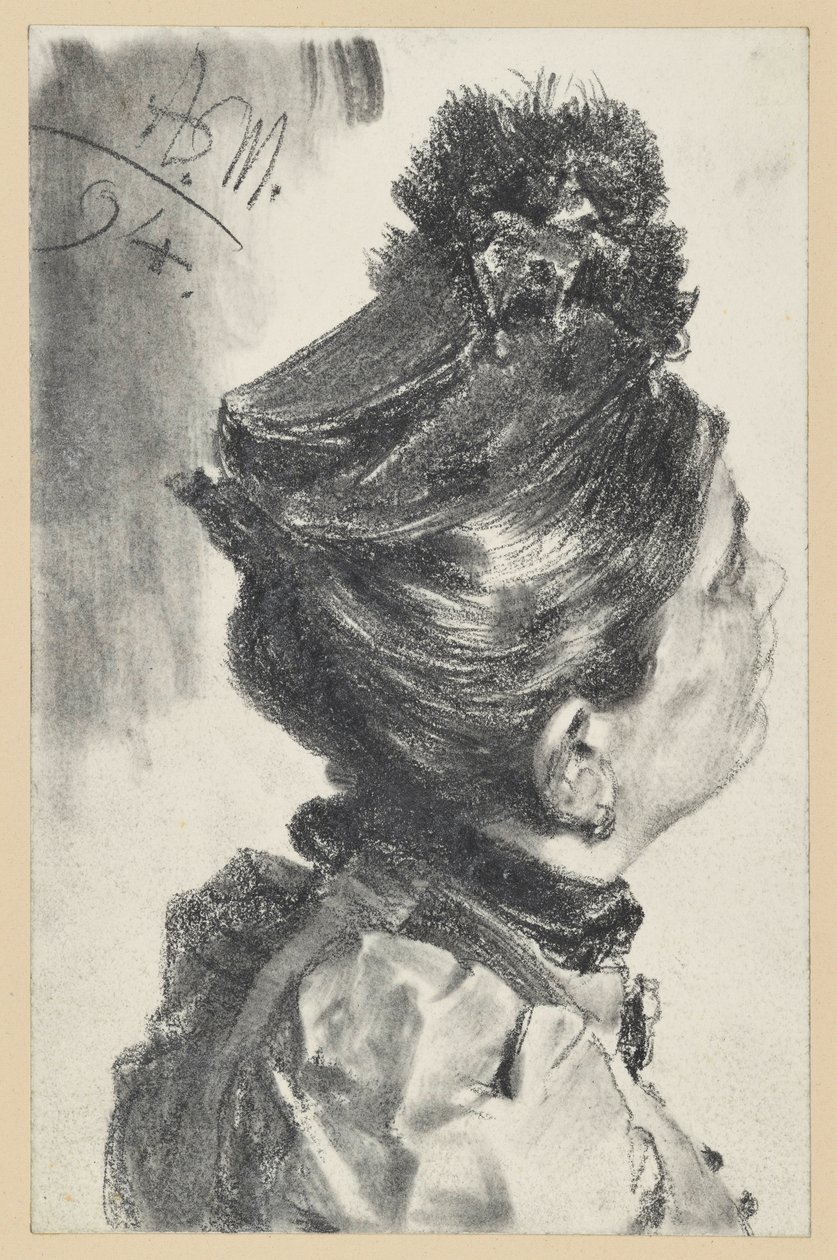 Ritratto a mezzo busto di una signora con cappello che guarda in alto, rivolta a destra da Adolph Menzel