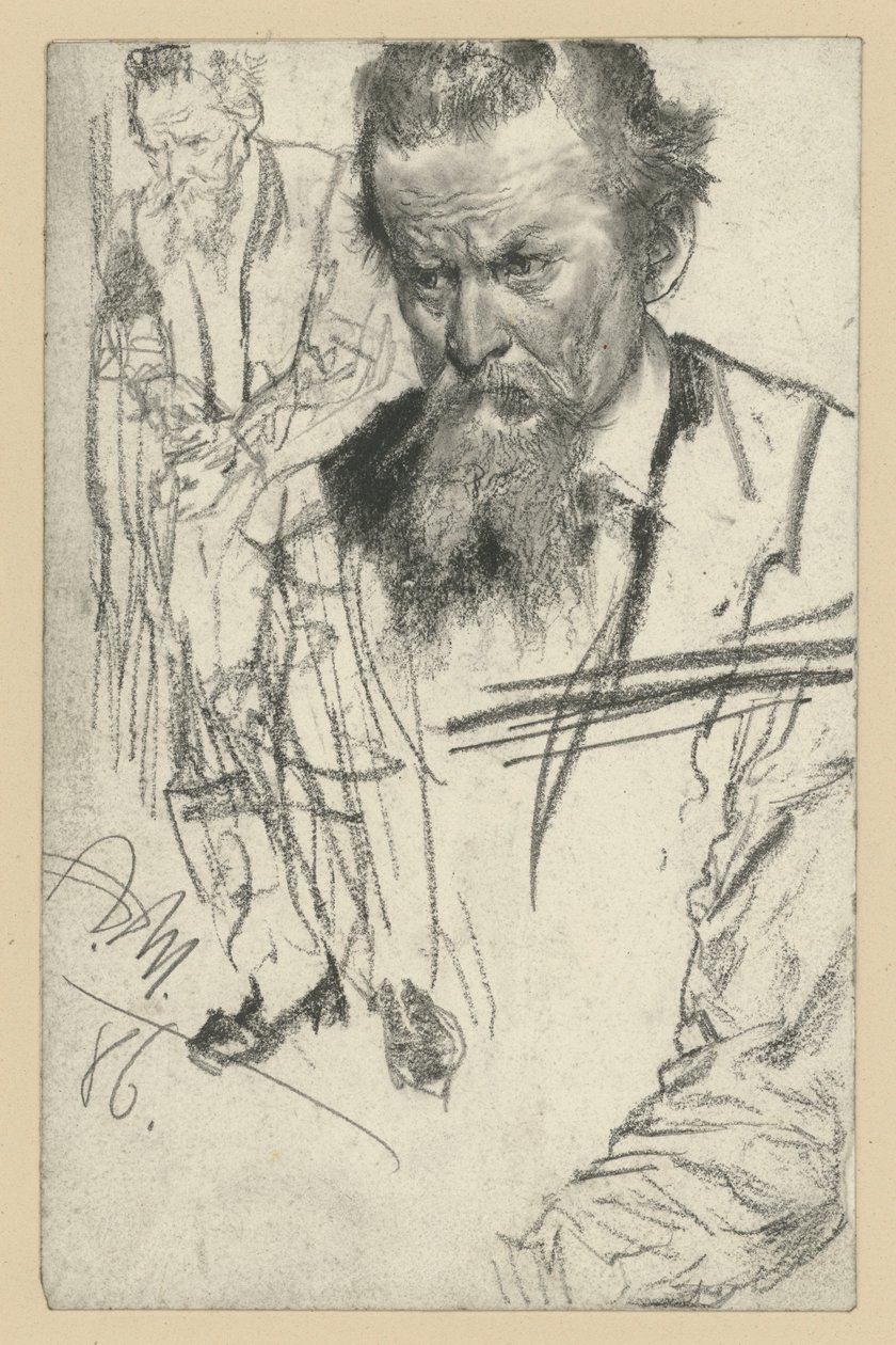 Busto di un uomo con baffi a manubrio, leggermente inclinato a sinistra, a sinistra: un uomo in piedi rivolto a sinistra, a destra: studio di una manica da Adolph Menzel