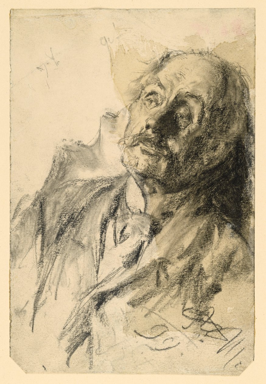 Ritratto a mezzo busto di un uomo anziano con i baffi, inclinato all’indietro verso destra da Adolph Menzel