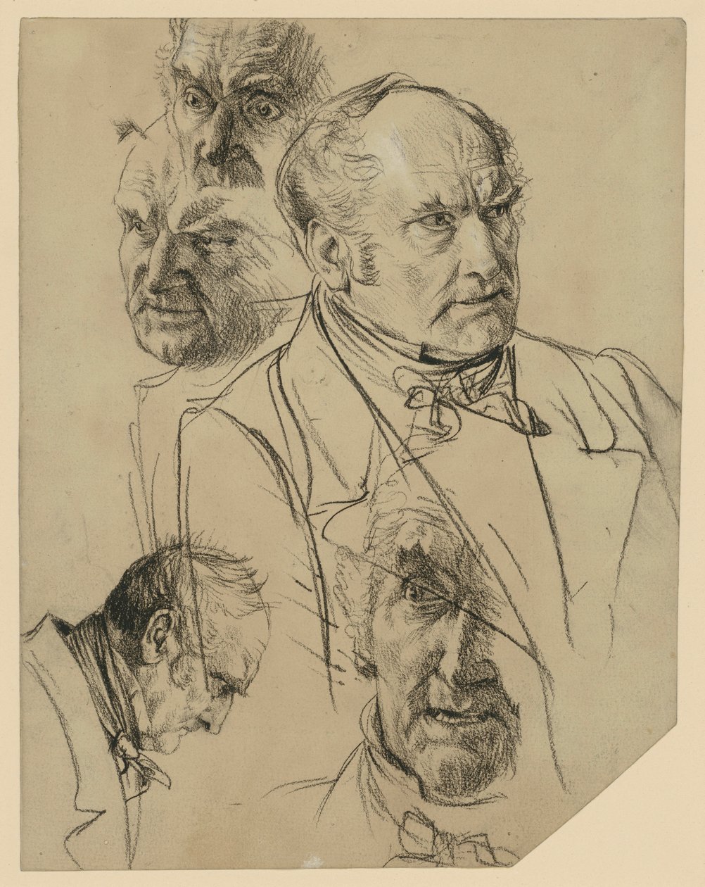 Ritratto a mezzo busto di un uomo anziano di profilo a destra, quattro studi di testa da Adolph Menzel