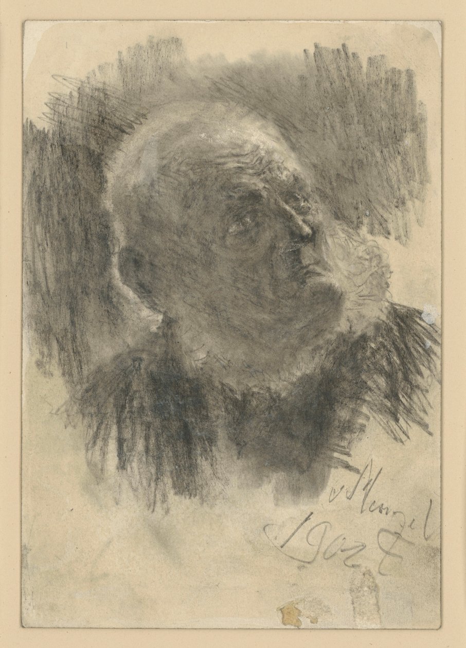 Ritratto a busto di un vecchio con berretto da muratore, che guarda in alto a destra da Adolph Menzel