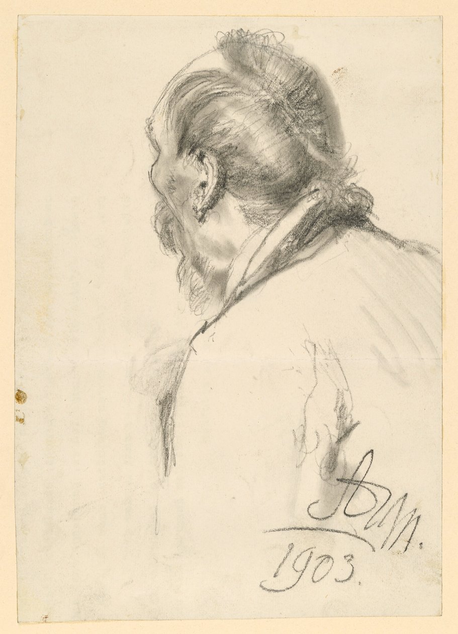 Ritratto a mezzo busto di un uomo barbuto rivolto a sinistra, visto per metà da dietro da Adolph Menzel