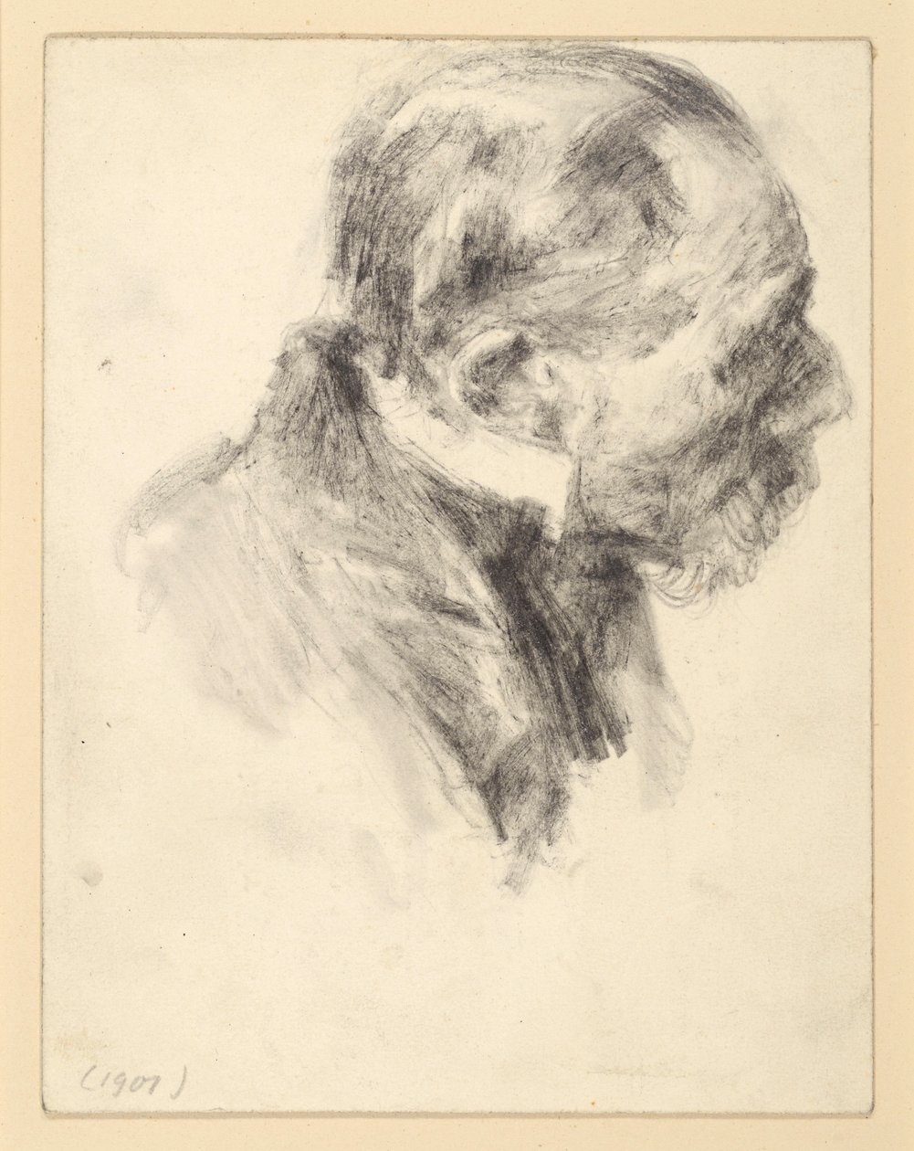 Ritratto a busto di un anziano barbuto con colletto rialzato, chino in avanti, rivolto a destra da Adolph Menzel