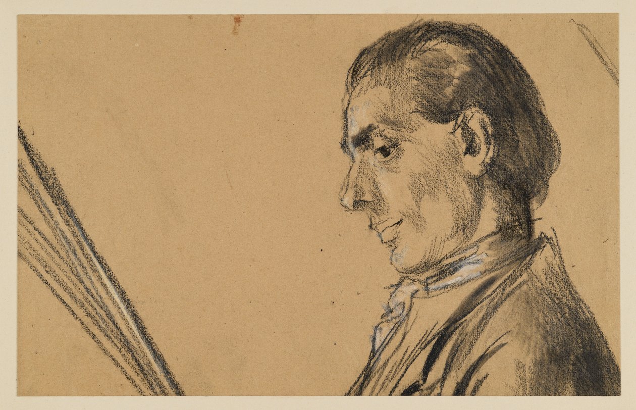 Ritratto a mezzo busto di un giovane con lo sguardo basso. Profilo verso sinistra. Studio preparatorio per il dipinto “Concerto di flauto di Federico il Grande a Sanssouci” da Adolph Menzel