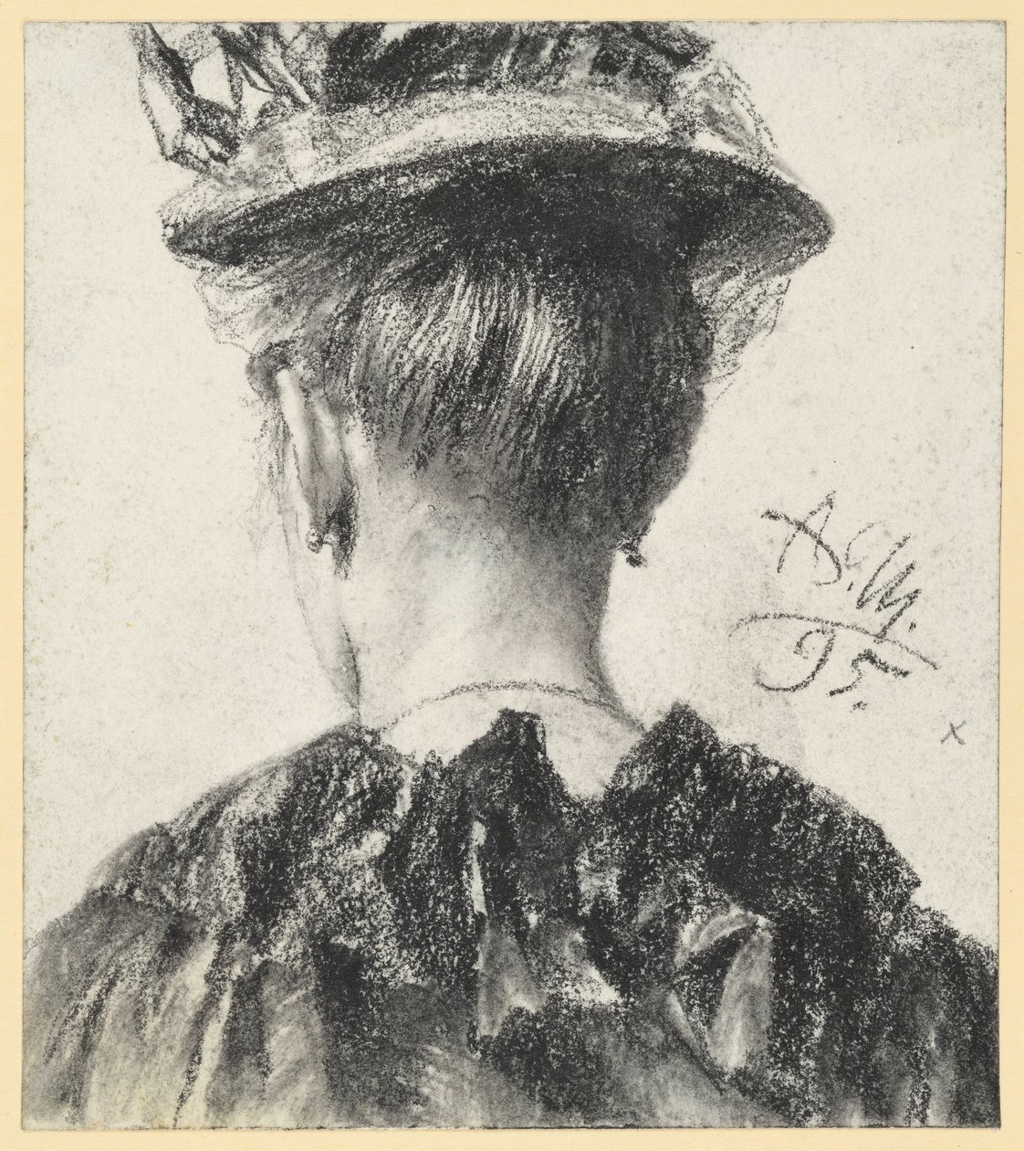 Busto di una donna con il cappello, visto di spalle da Adolph Menzel