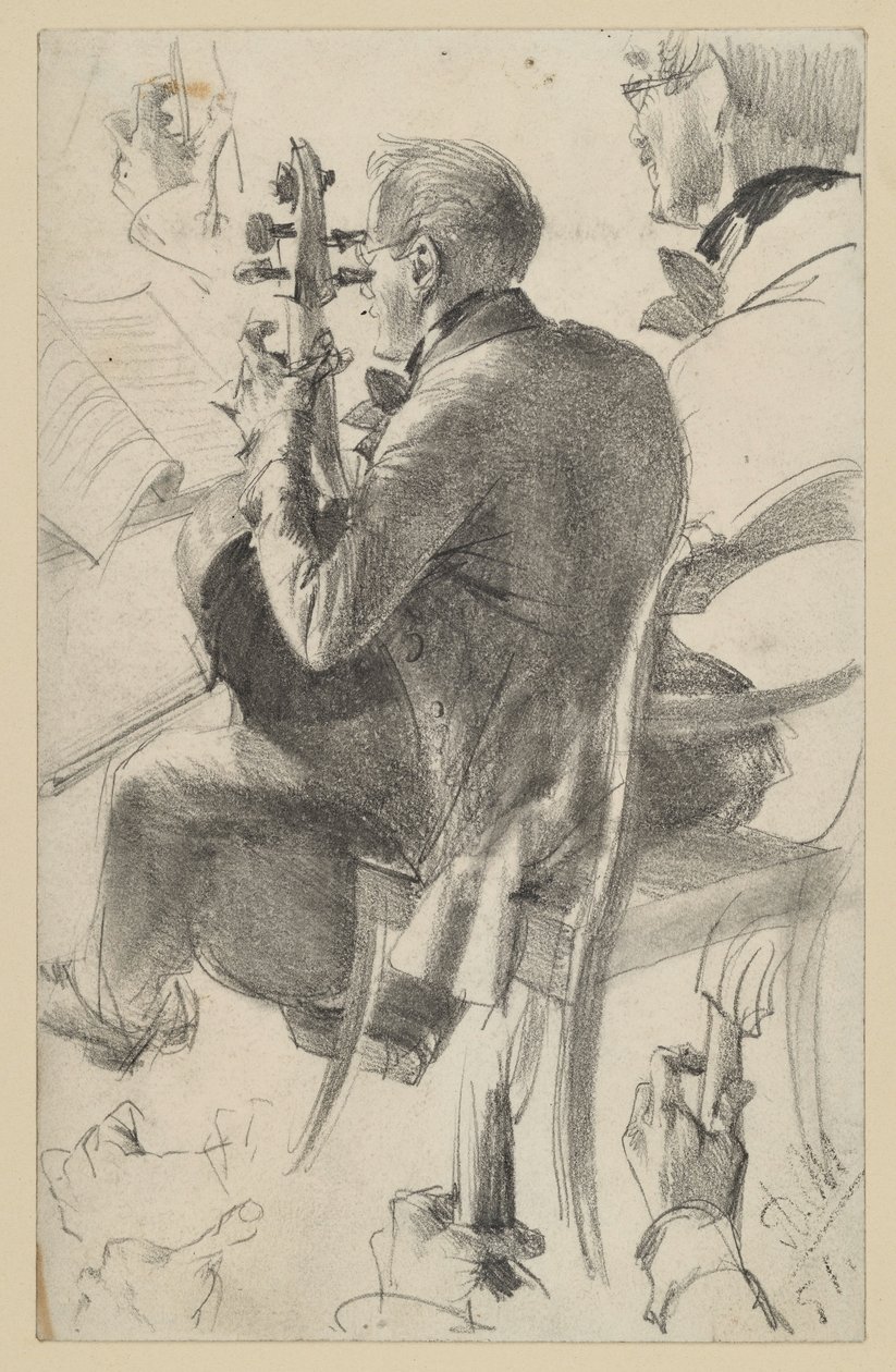 Violoncellista rivolto a sinistra, visto per metà di spalle. Studi della testa e delle mani. Studio preliminare per il dipinto "Concerto di flauto di Federico il Grande a Sanssouci" da Adolph Menzel