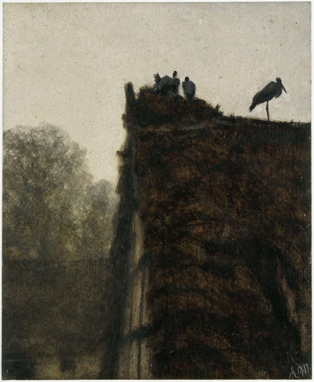 Il nido della cicogna sul tetto di paglia. Tratto dall’“Album dei bambini” da Adolph Menzel