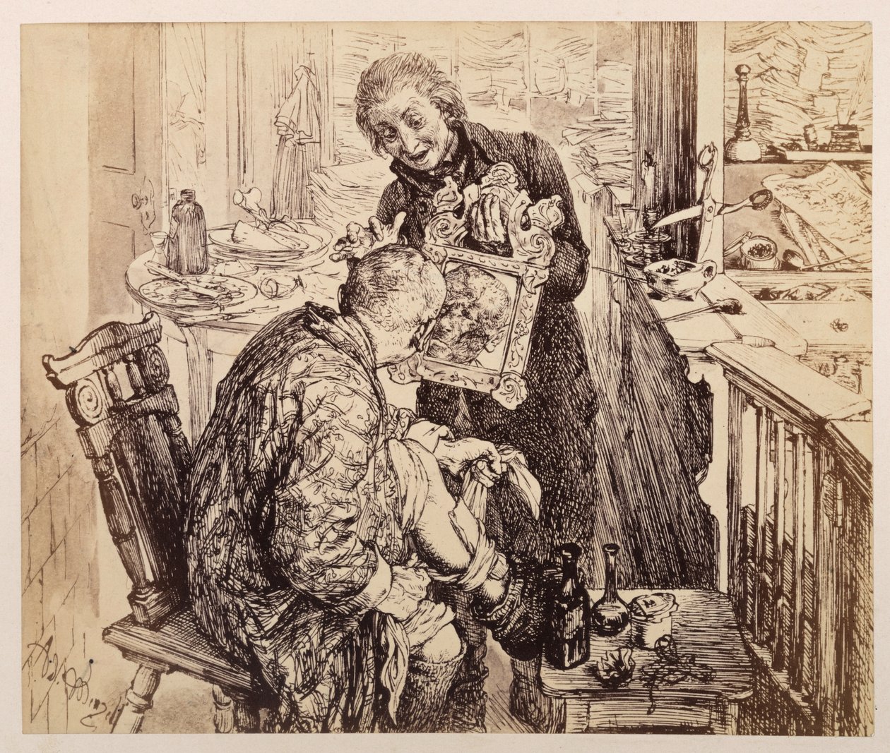 Lo scrivano Licht trova il giudice di paese Adam mentre si fa fasciare la gamba. Adam osserva il proprio volto martoriato nello specchio che Licht gli tiene davanti, ispirandosi a Heinrich von Kleist, “La brocca rotta” da Adolph Menzel