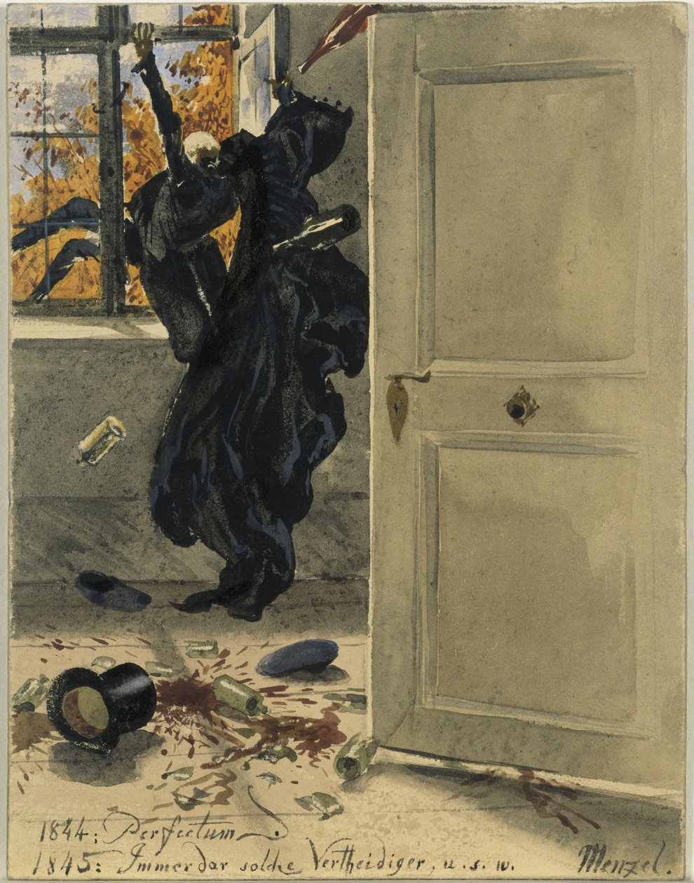 La morte come ospite indesiderato. 1844: *Perfectum*; 1845: *Sempre tali difensori*, ecc. da Adolph Menzel