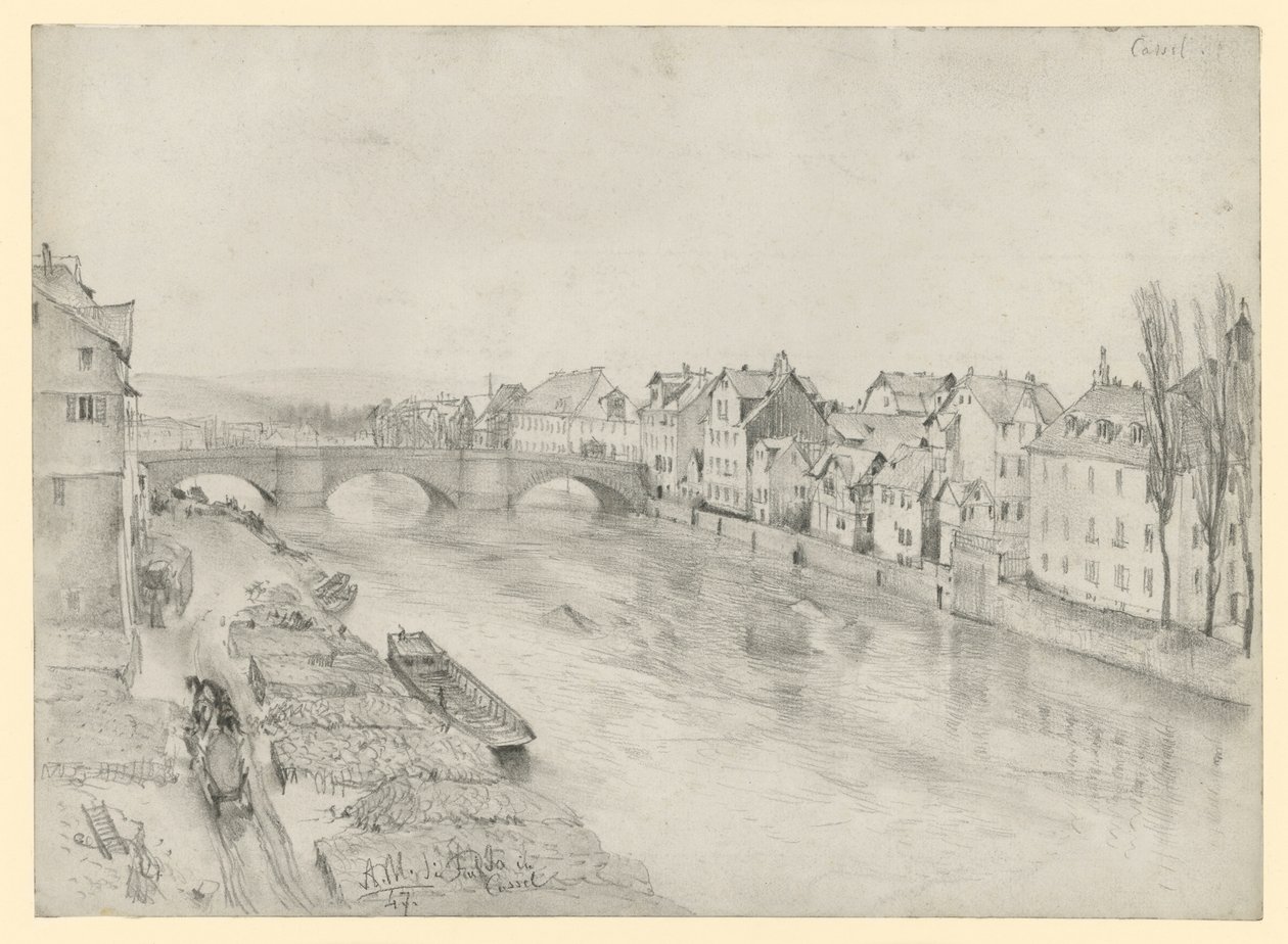 Il fiume Fulda a Kassel. Paesaggio fluviale con ponte e case da Adolph Menzel