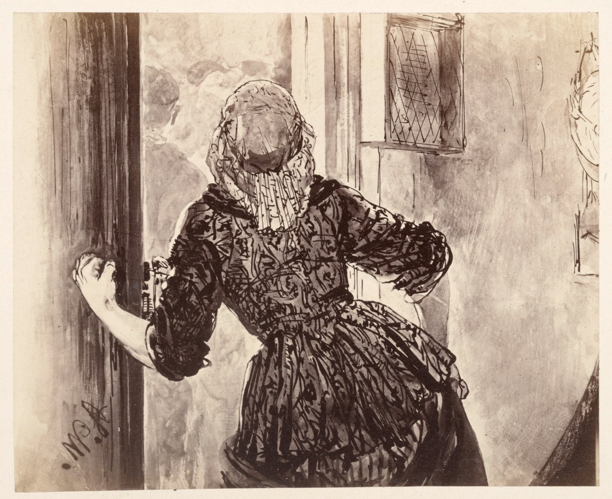 La serva entra al suono della campana di Adamo; vista di spalle, con la porta alle sue spalle e la mano destra sulla maniglia, da Heinrich von Kleist, “La brocca rotta” da Adolph Menzel