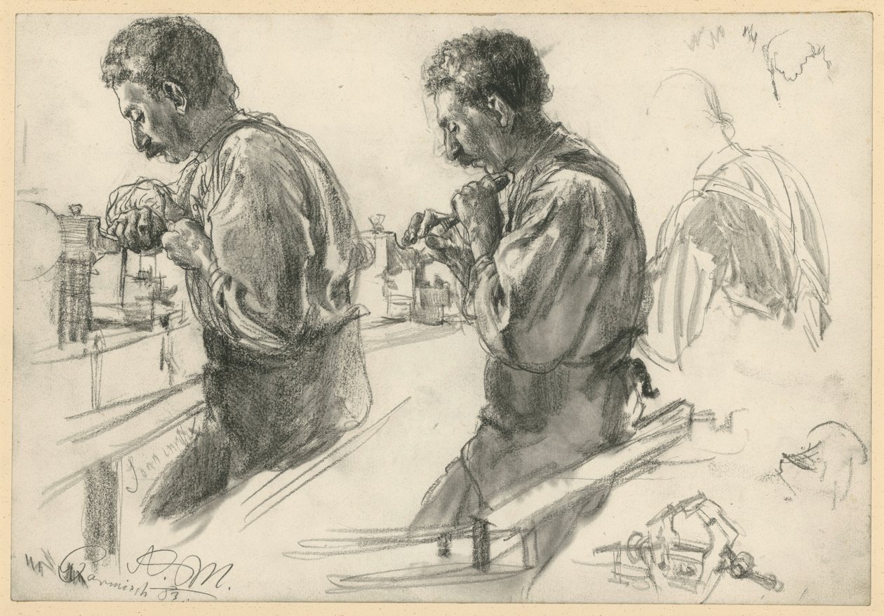 Un tornitore al banco da lavoro, due studi e dettagli da Adolph Menzel