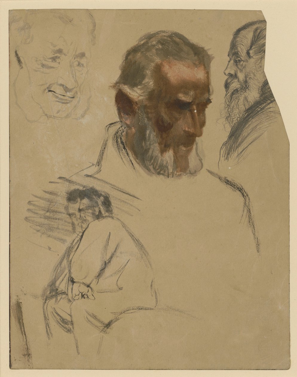 Tre studi di teste barbate e studio a mezza figura di un uomo seduto rivolto a sinistra da Adolph Menzel