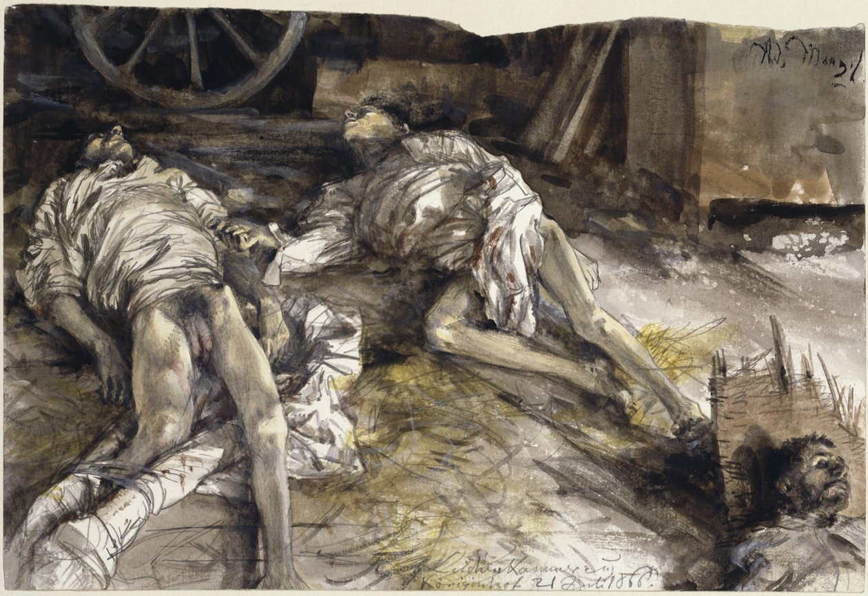 Tre soldati caduti in un fienile - camera mortuaria a Königinhof da Adolph Menzel