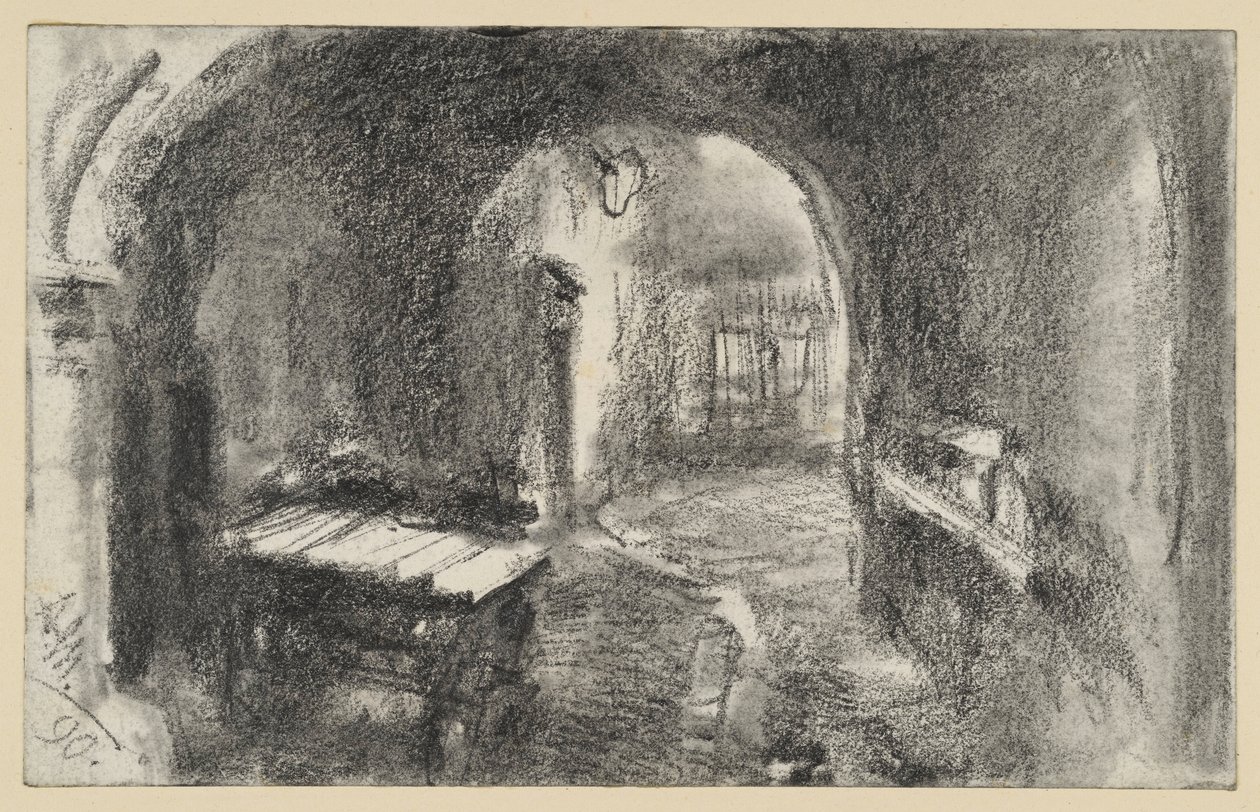 Un passaggio buio e a volta, con un carrello a mano in primo piano da Adolph Menzel