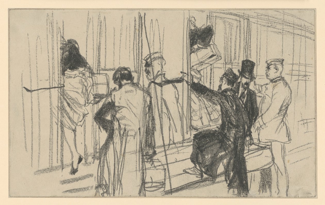 Viaggiatori ferroviari in salita e controllore. Scena sulla banchina da Adolph Menzel